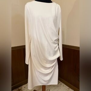 Express NWT Ivory Ruched Midi Dress Size L Elegant Occasion Stretch $99